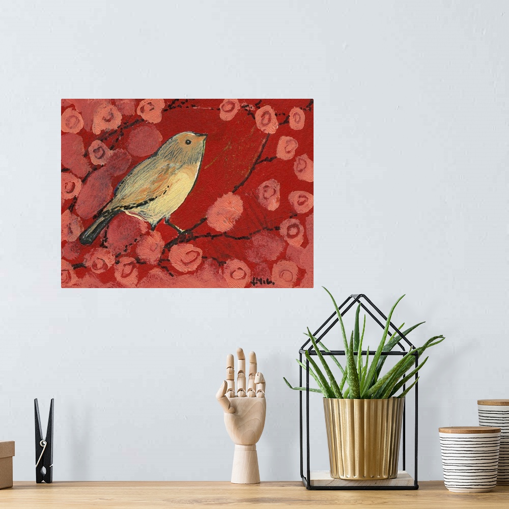A bohemian room featuring Contemporary painting of bird sitting on tree branch surrounded by flowers.  The flowers are abst...