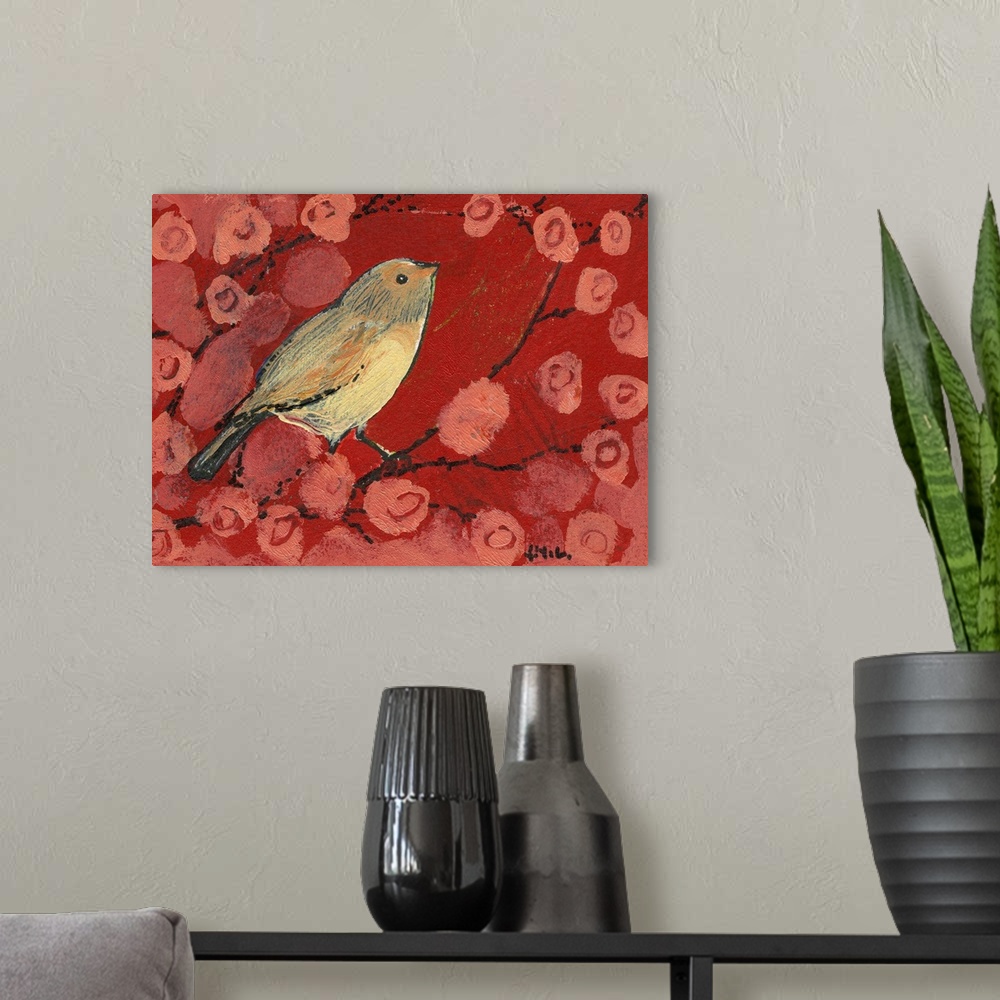 A modern room featuring Contemporary painting of bird sitting on tree branch surrounded by flowers.  The flowers are abst...