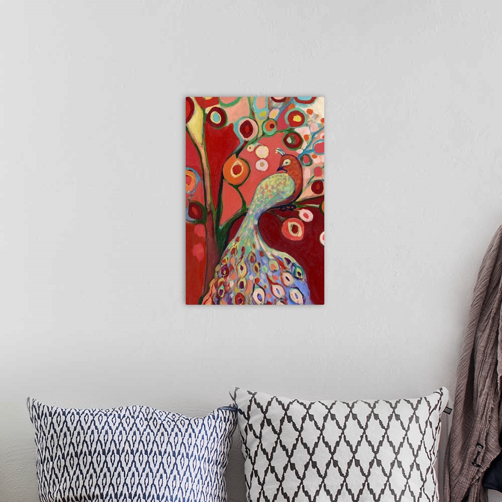 A bohemian room featuring Vertical, contemporary painting on a giant wall hanging of a colorful bird with long tail feather...
