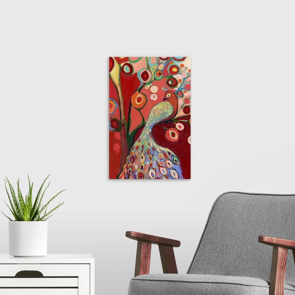 A modern room featuring Vertical, contemporary painting on a giant wall hanging of a colorful bird with long tail feather...