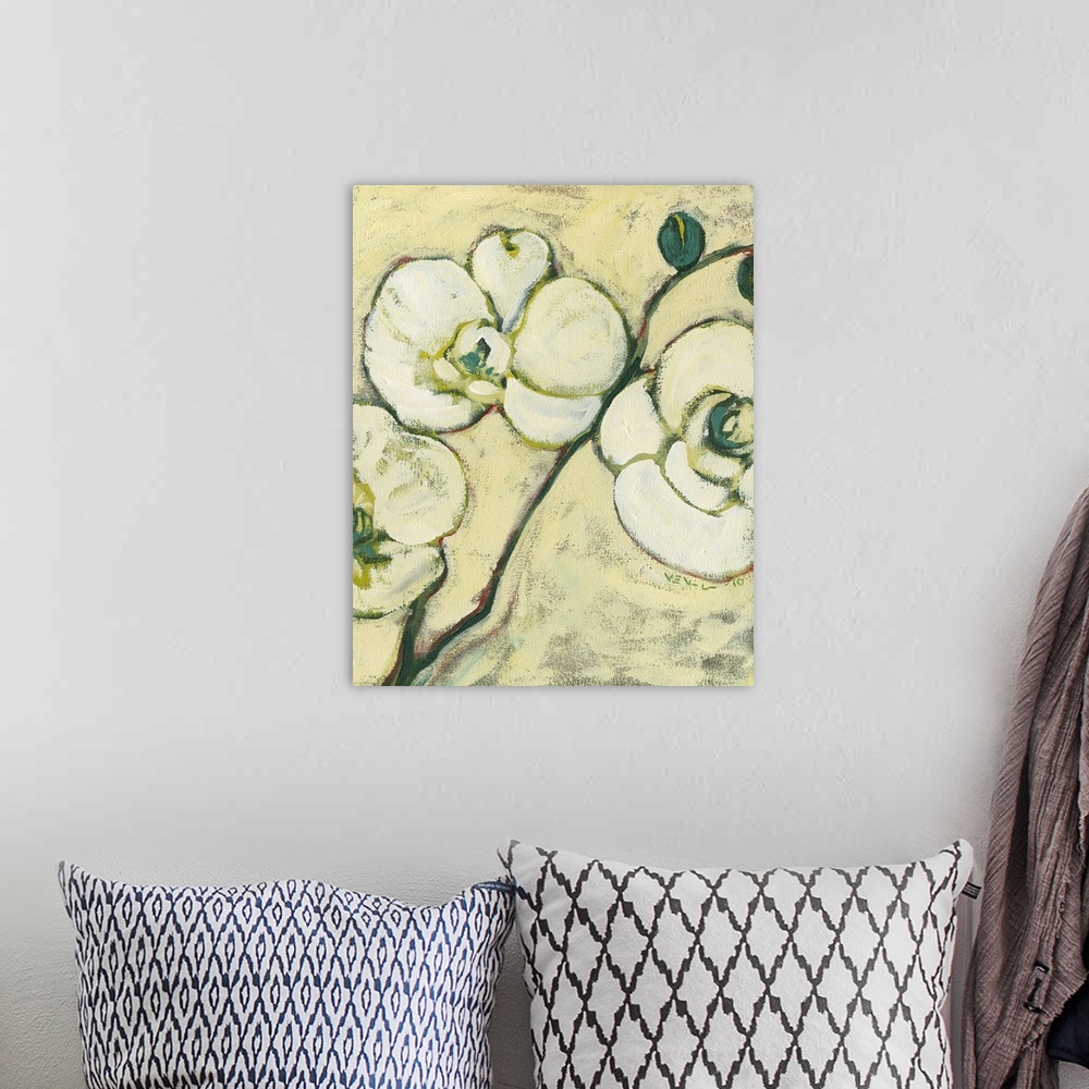 A bohemian room featuring Big contemporary art focuses on a section of a flower against a bare background.