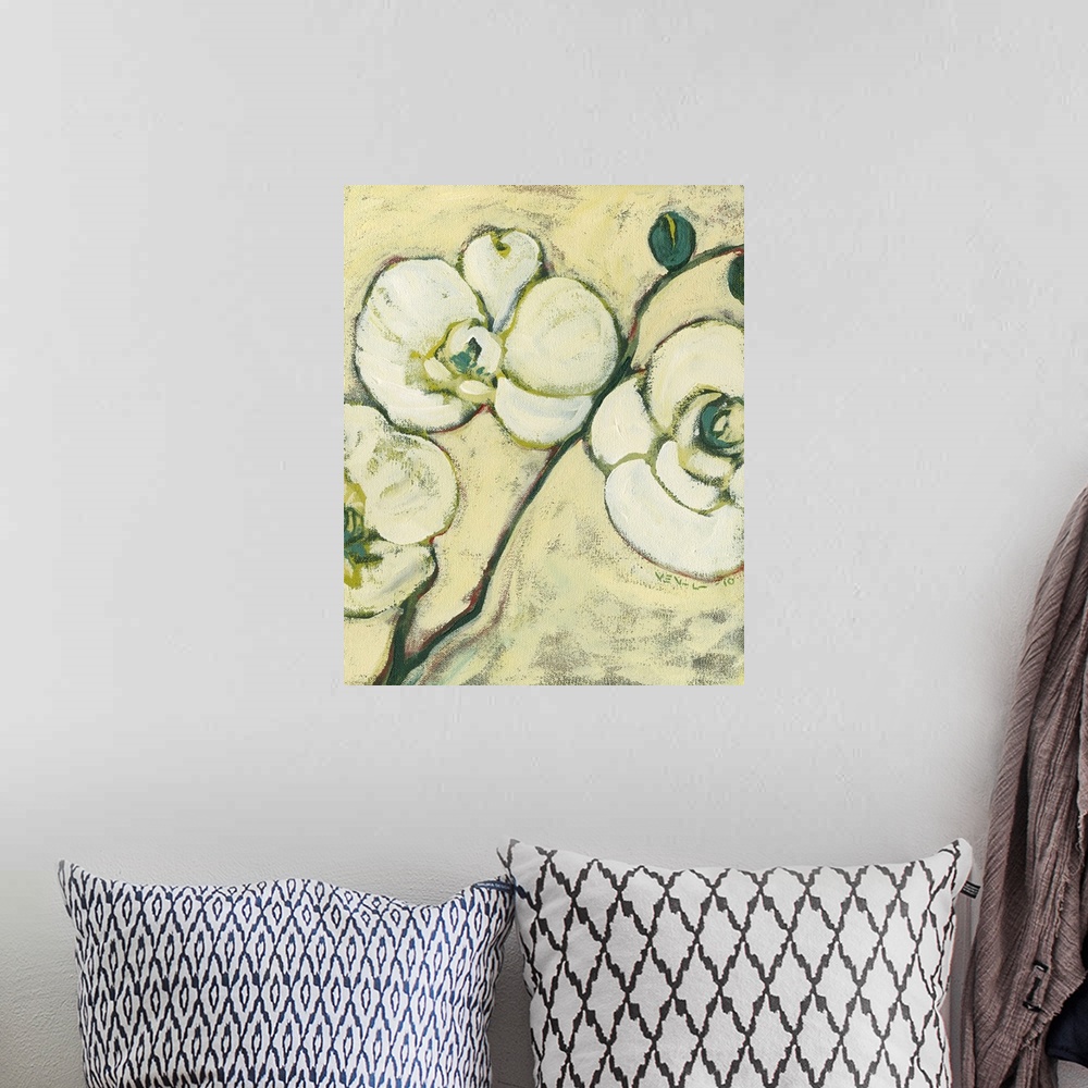 A bohemian room featuring Big contemporary art focuses on a section of a flower against a bare background.