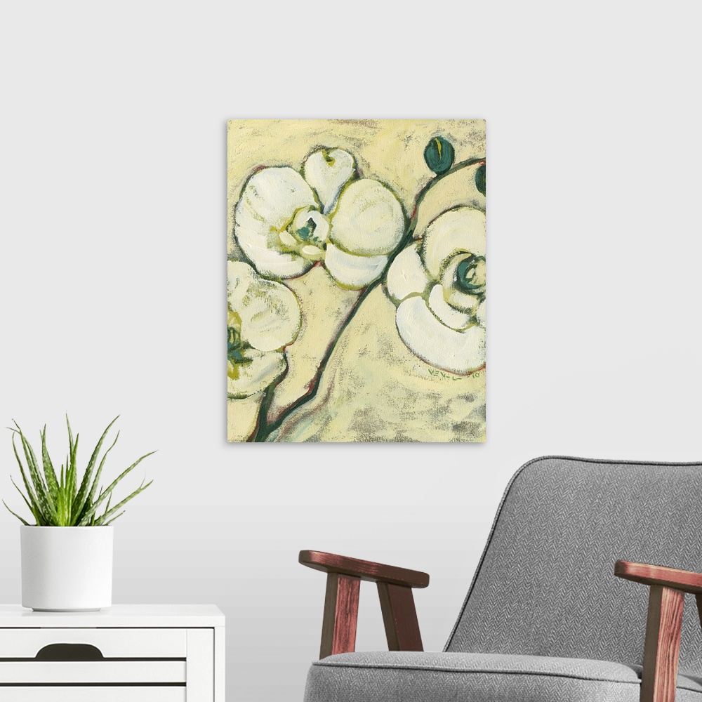 A modern room featuring Big contemporary art focuses on a section of a flower against a bare background.
