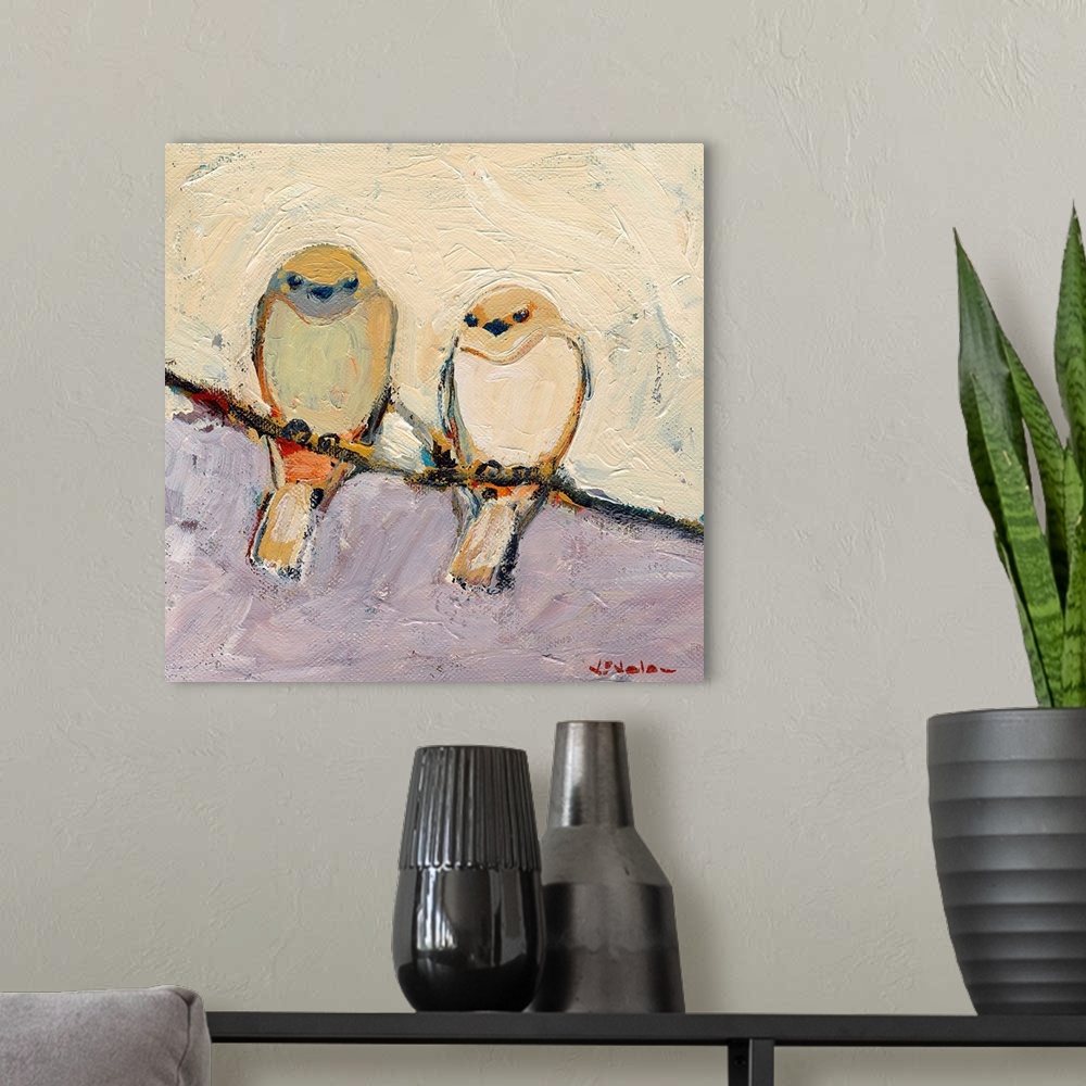A modern room featuring This is a square shaped canvas is a painting of two birds sitting together on a branch.