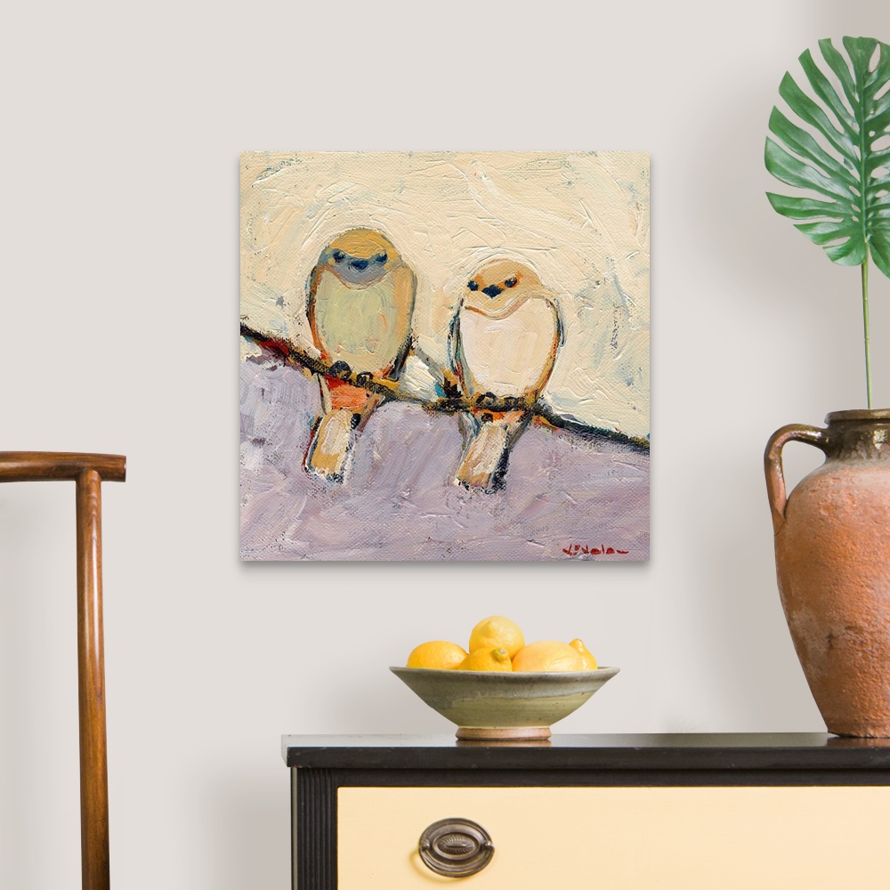 A traditional room featuring This is a square shaped canvas is a painting of two birds sitting together on a branch.