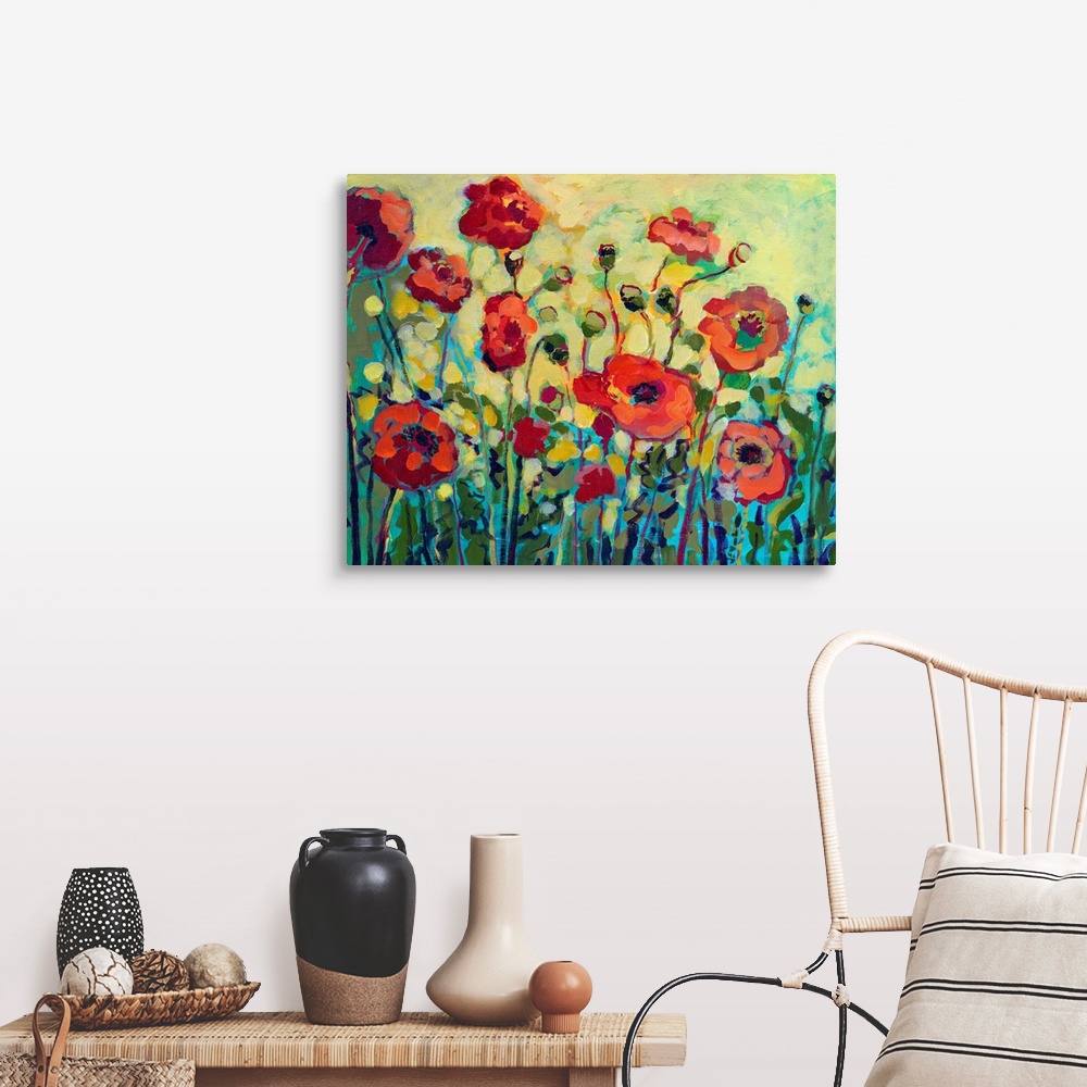 A farmhouse room featuring Close up of poppy flowers and leaves with bold impressionistic brush strokes.