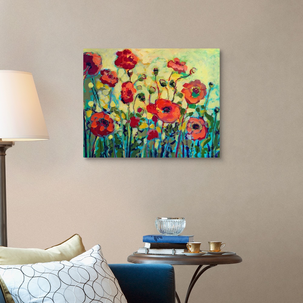 A traditional room featuring Close up of poppy flowers and leaves with bold impressionistic brush strokes.