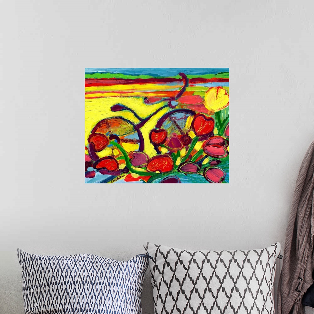 A bohemian room featuring This abstract painting shows a stylized bicycle parked behind a cluster of heart shaped tulips.