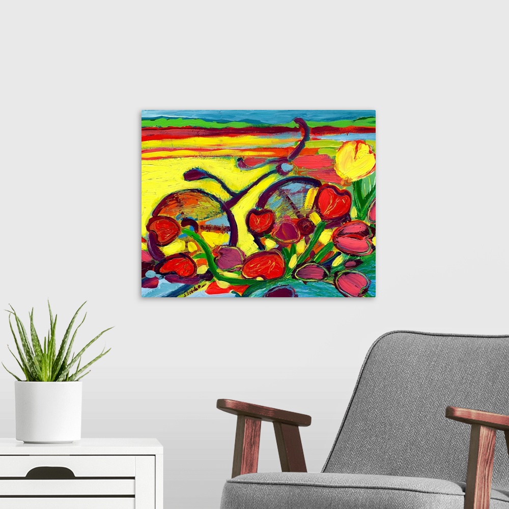A modern room featuring This abstract painting shows a stylized bicycle parked behind a cluster of heart shaped tulips.