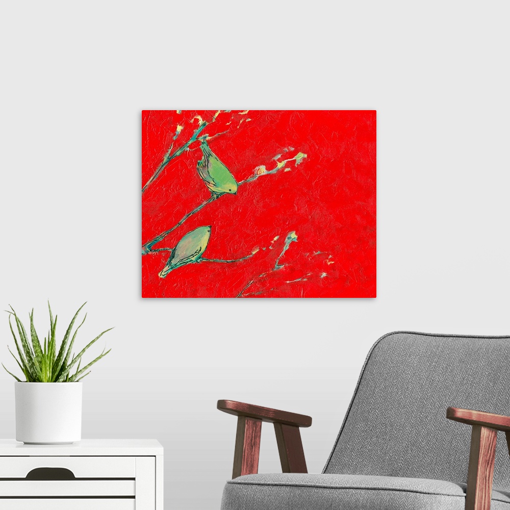 A modern room featuring Two little birds on tree branches contrast dramatically with the vivid background behind them.