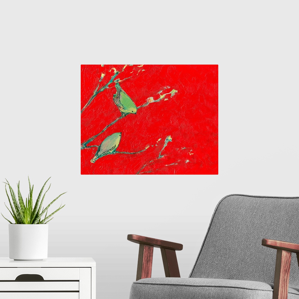 A modern room featuring Two little birds on tree branches contrast dramatically with the vivid background behind them.