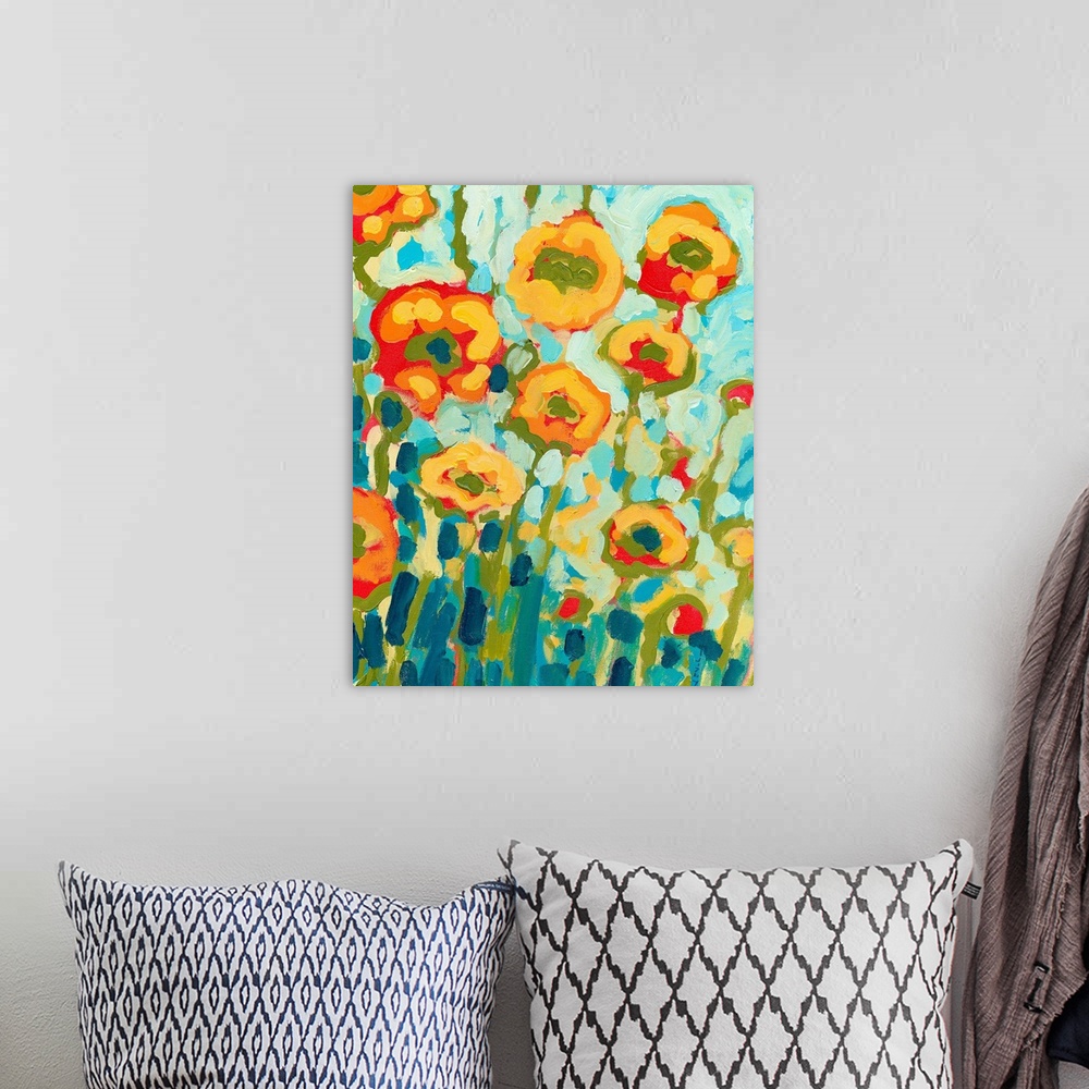 A bohemian room featuring Contemporary painting of a florals in the sun created with big whimsical brushstrokes.