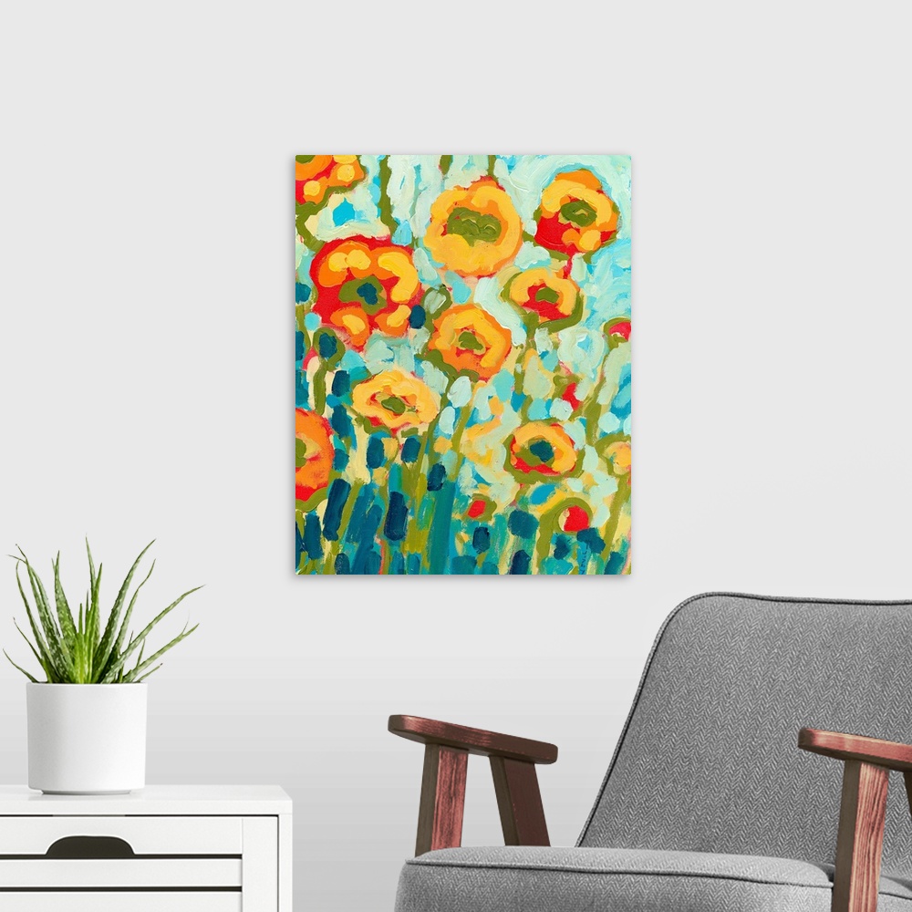 A modern room featuring Contemporary painting of a florals in the sun created with big whimsical brushstrokes.