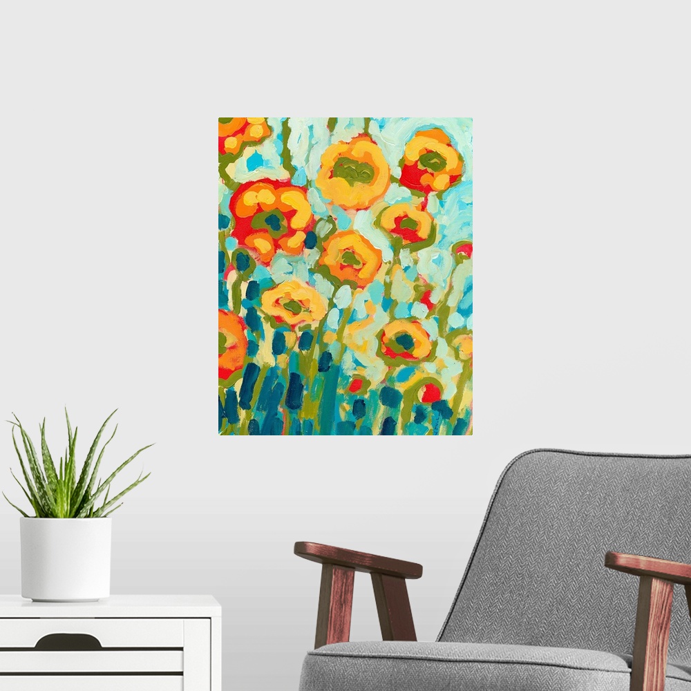 A modern room featuring Contemporary painting of a florals in the sun created with big whimsical brushstrokes.