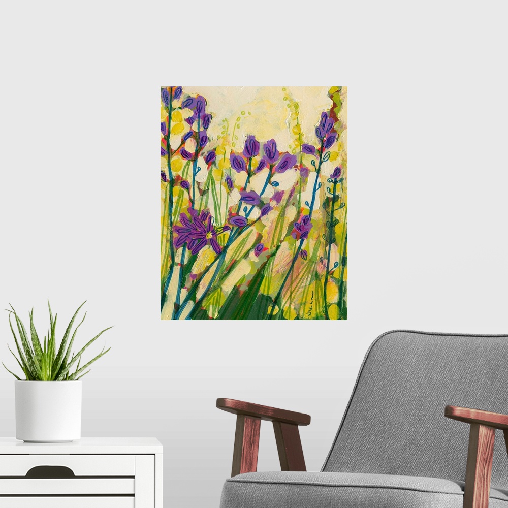 A modern room featuring Large painting of blooming camas flowers growing tall with bright sunshine. Dominated by warm, vi...