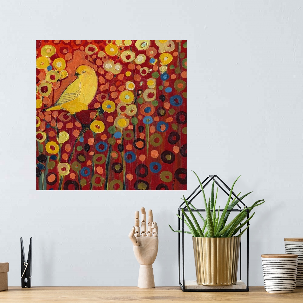 A bohemian room featuring Contemporary art piece of a yellow canary sitting on a branch in a flower field represented by co...