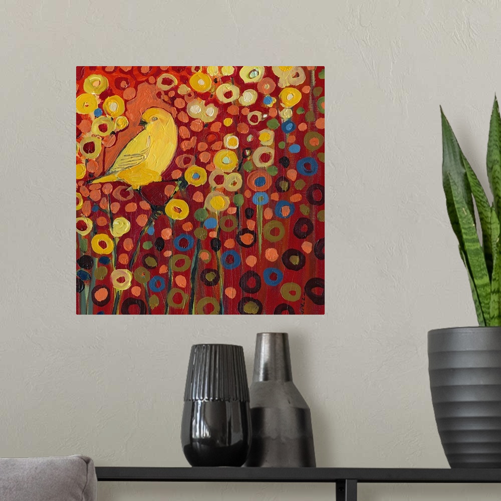 A modern room featuring Contemporary art piece of a yellow canary sitting on a branch in a flower field represented by co...
