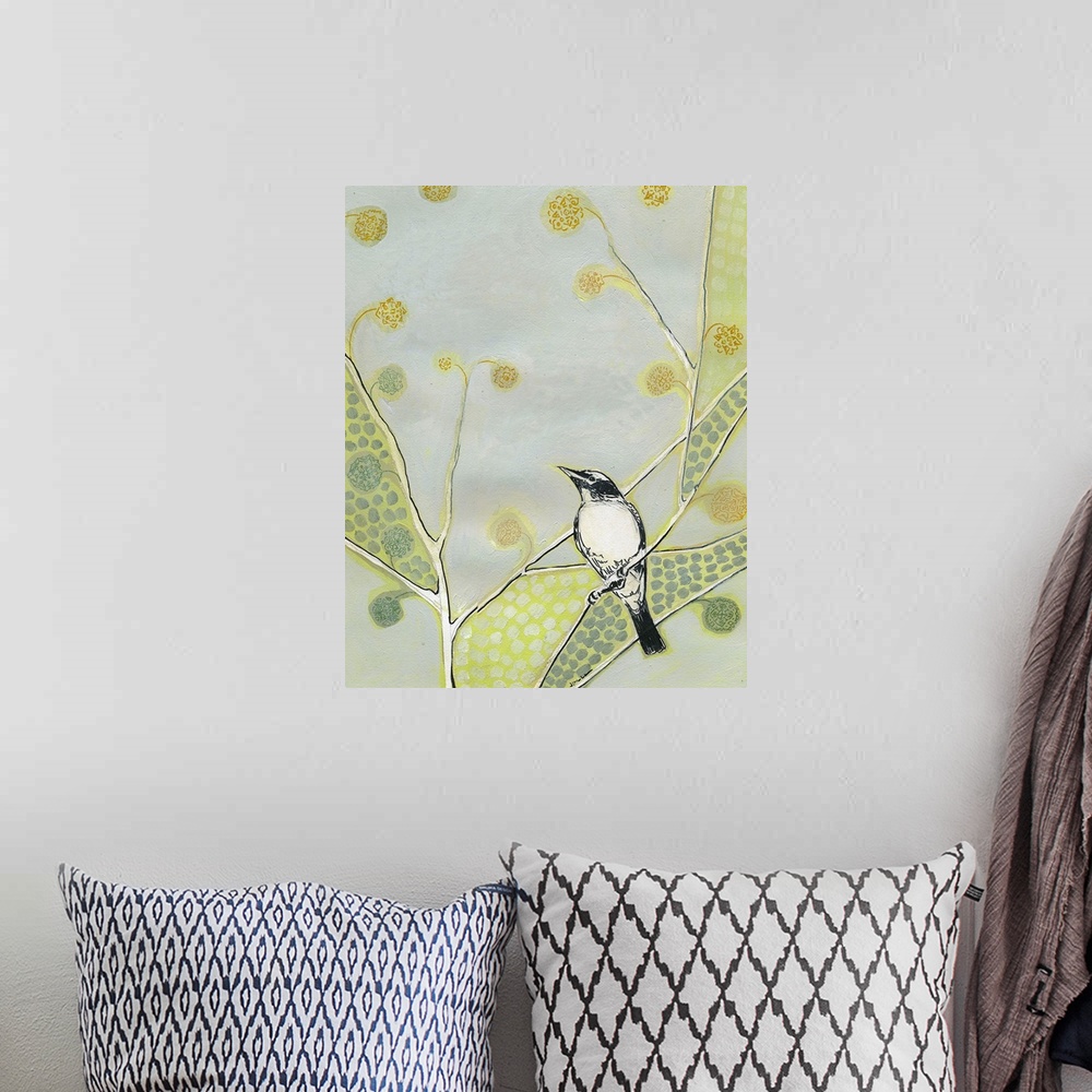 A bohemian room featuring Contemporary whimsical painting of bird perched on tree branch with flowers.  Circles are used to...