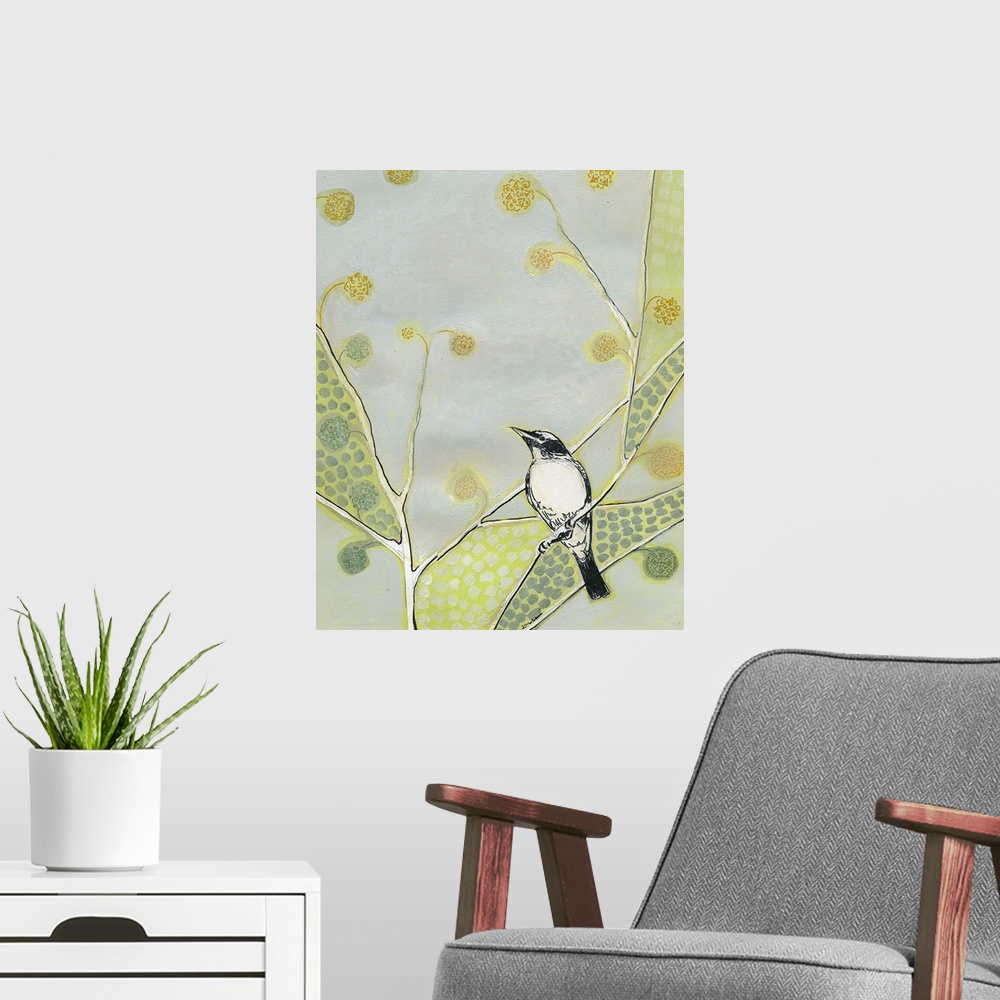 A modern room featuring Contemporary whimsical painting of bird perched on tree branch with flowers.  Circles are used to...