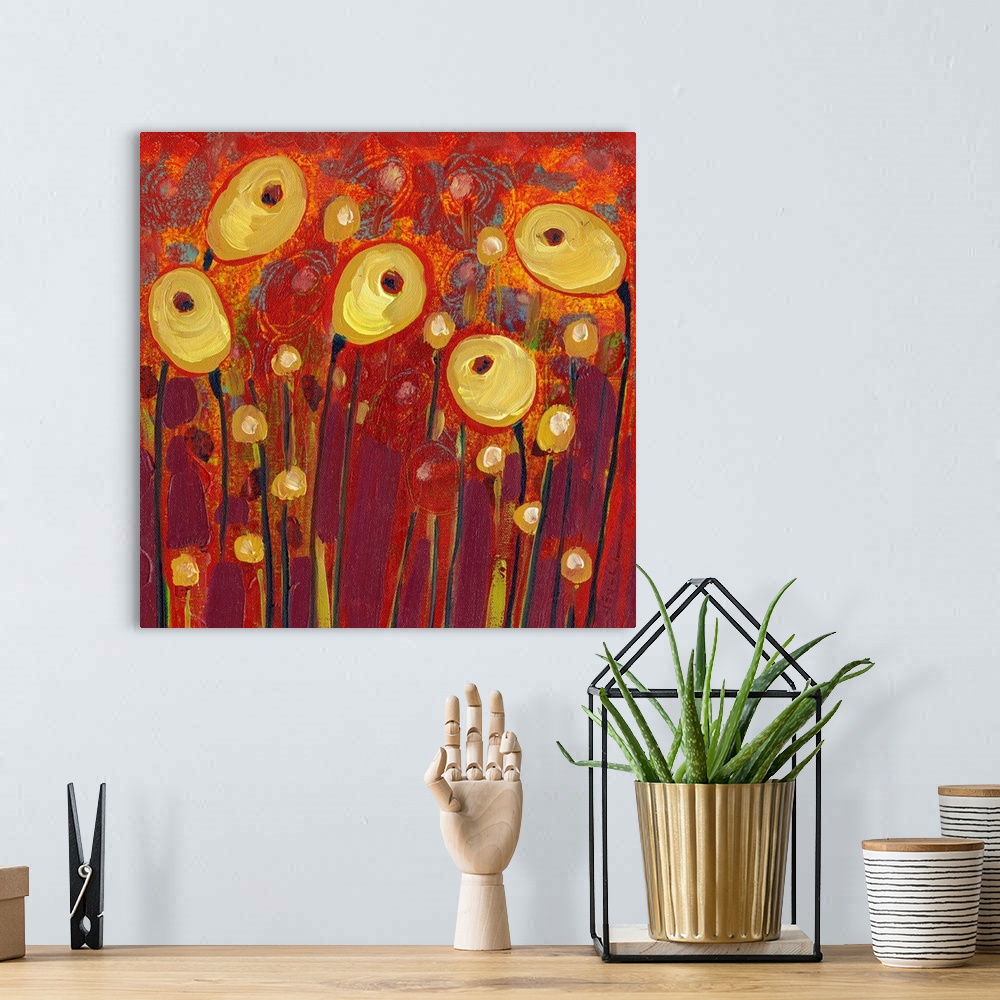 A bohemian room featuring Five floral pods stand out against a richly painted background in this wall art by a contemporary...