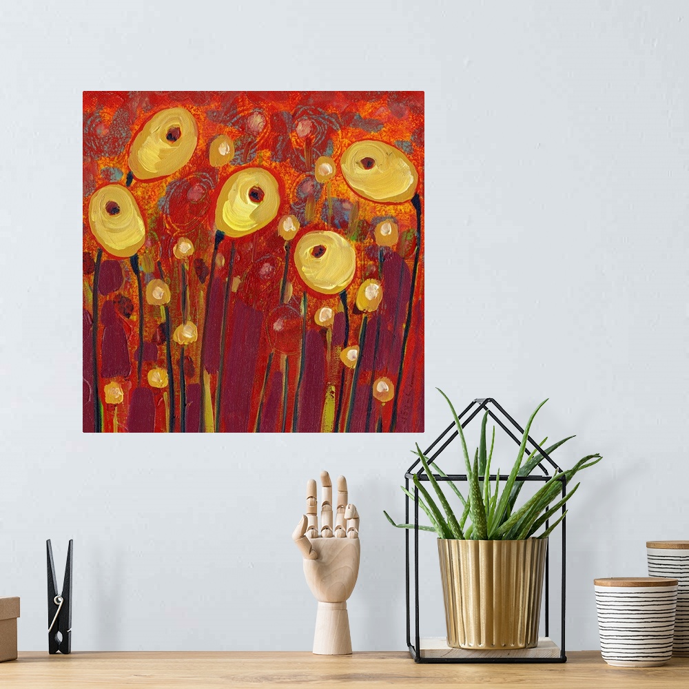 A bohemian room featuring Five floral pods stand out against a richly painted background in this wall art by a contemporary...