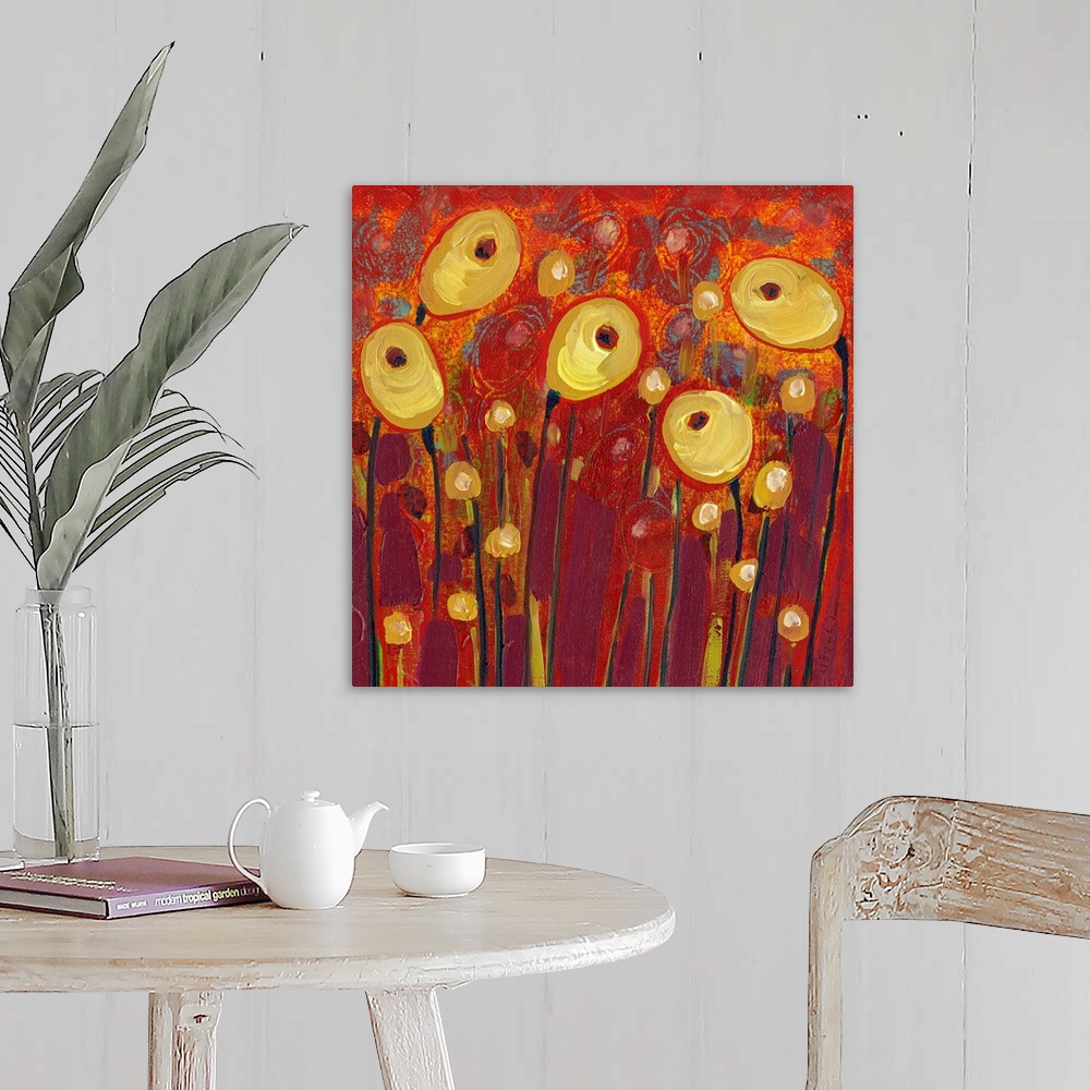 A farmhouse room featuring Five floral pods stand out against a richly painted background in this wall art by a contemporary...