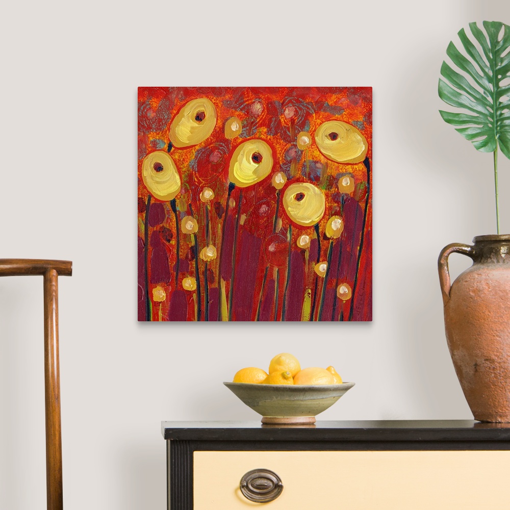 A traditional room featuring Five floral pods stand out against a richly painted background in this wall art by a contemporary...