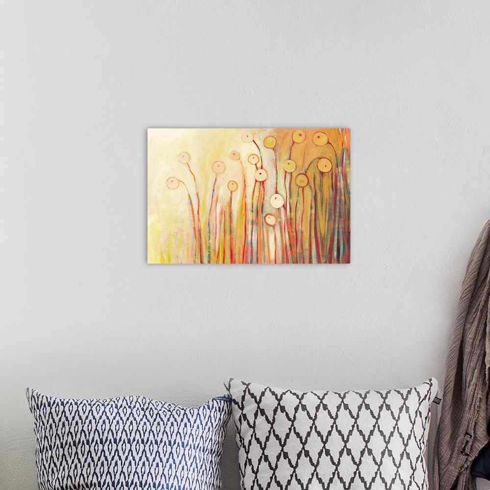 A bohemian room featuring This horizontal abstract painting shows pastel color flower pods on a radiant backdrop.