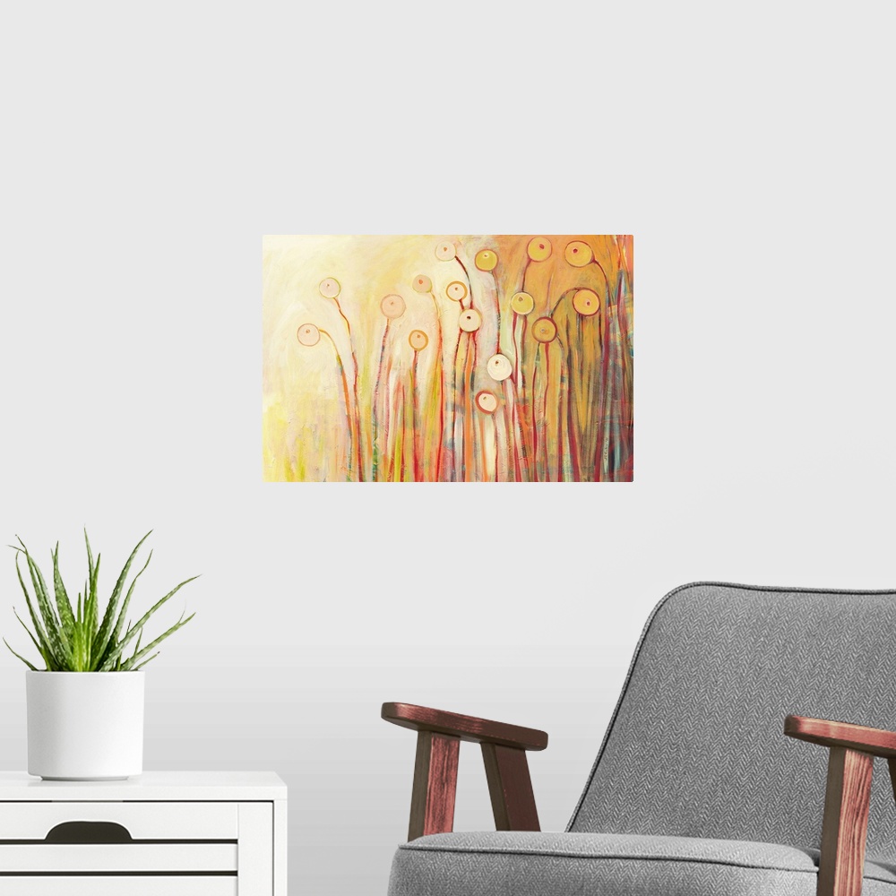 A modern room featuring This horizontal abstract painting shows pastel color flower pods on a radiant backdrop.