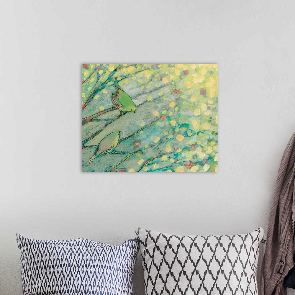 A bohemian room featuring Pastel colored abstract painting of birds on branches with tree leaves hanging above.