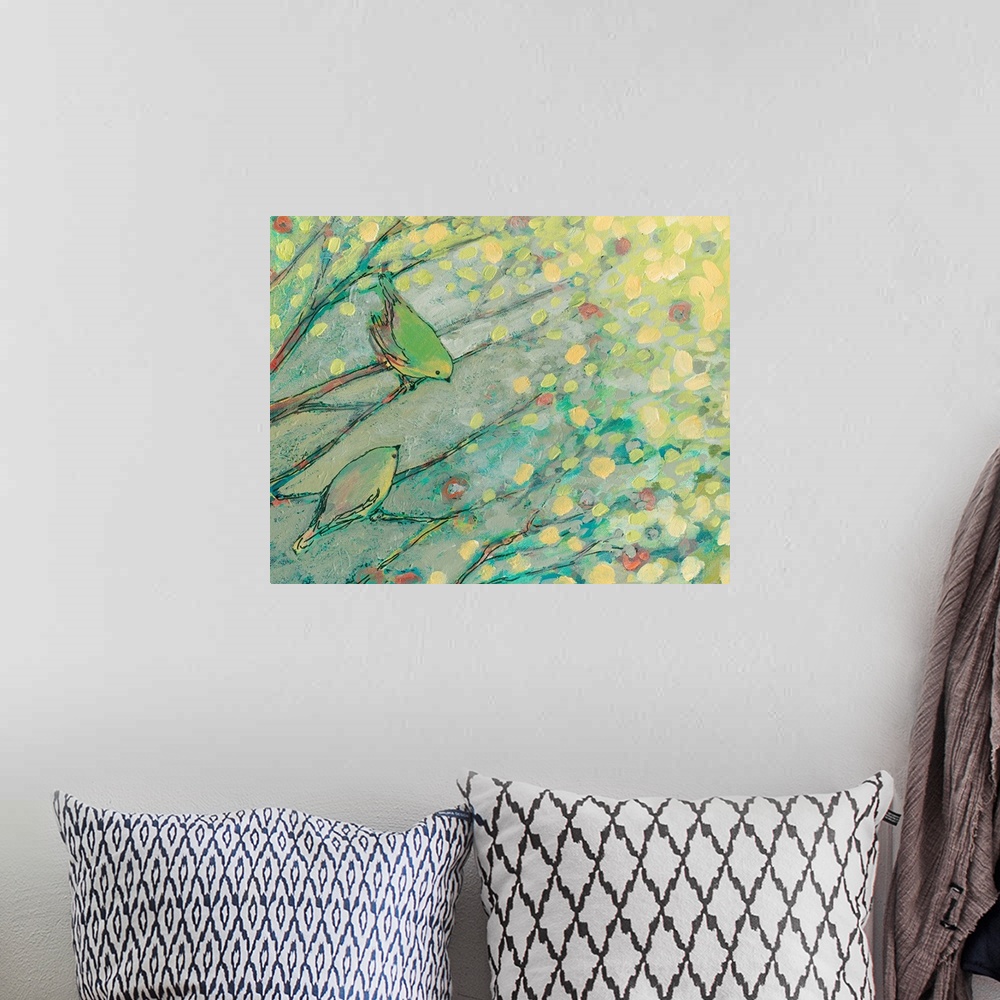 A bohemian room featuring Pastel colored abstract painting of birds on branches with tree leaves hanging above.