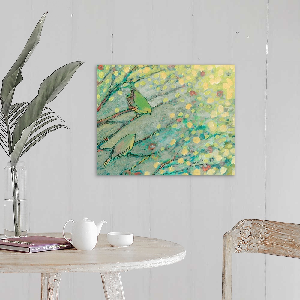 A farmhouse room featuring Pastel colored abstract painting of birds on branches with tree leaves hanging above.