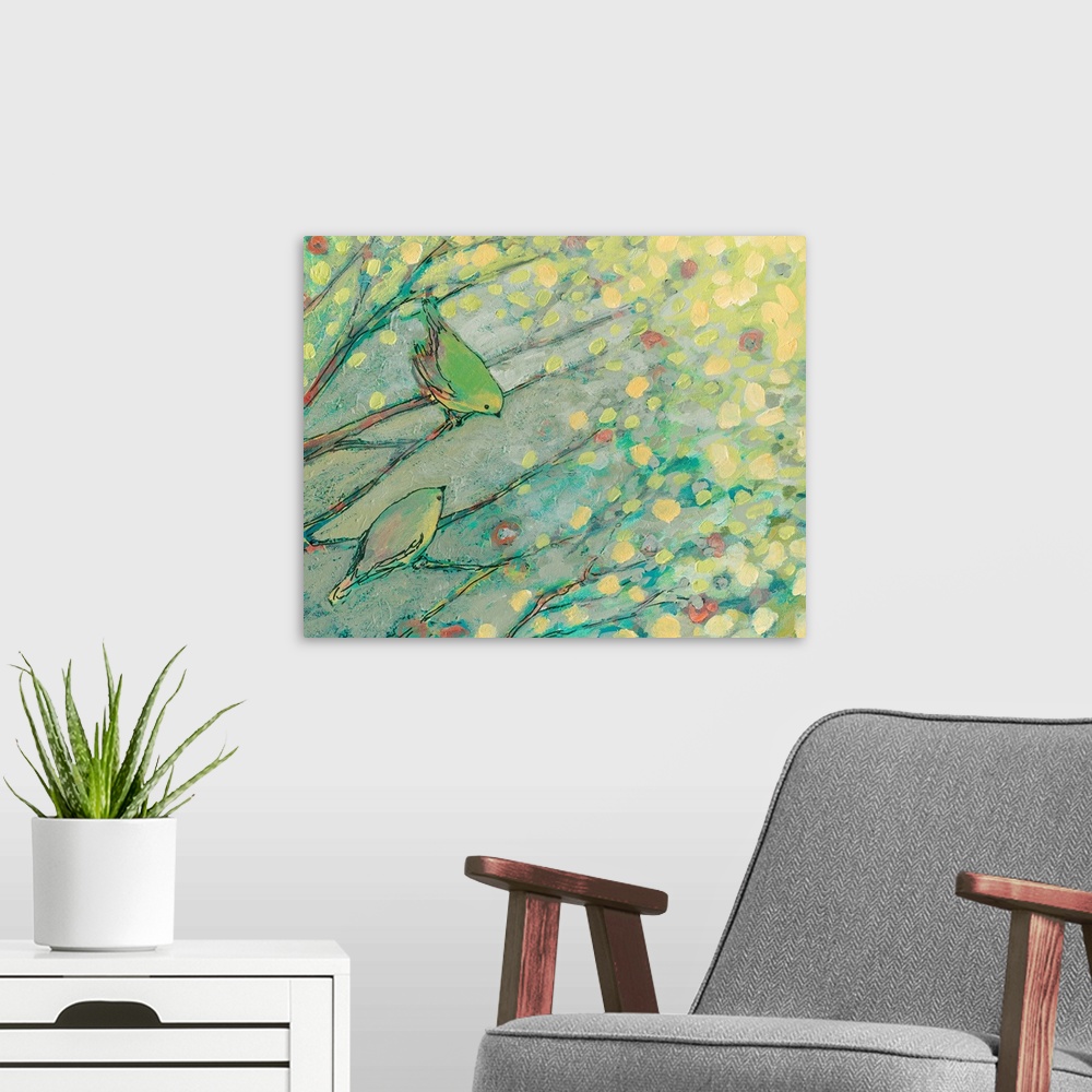 A modern room featuring Pastel colored abstract painting of birds on branches with tree leaves hanging above.