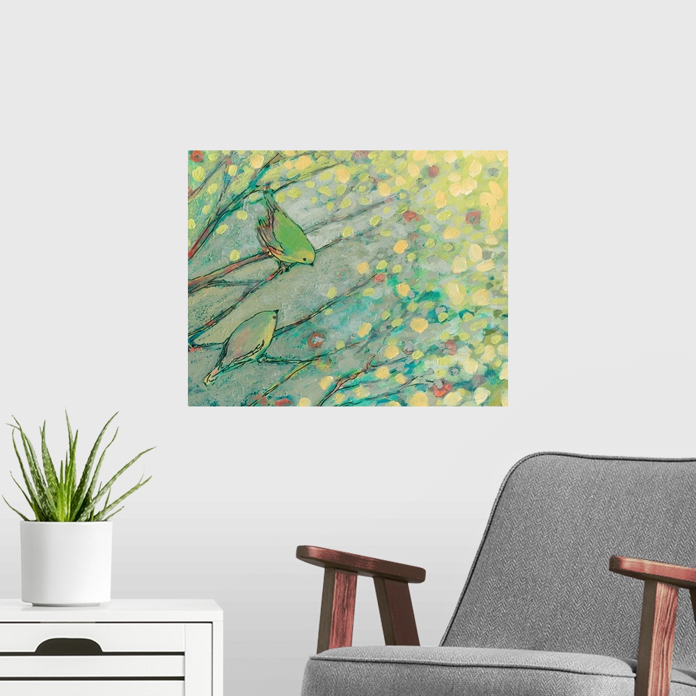 A modern room featuring Pastel colored abstract painting of birds on branches with tree leaves hanging above.
