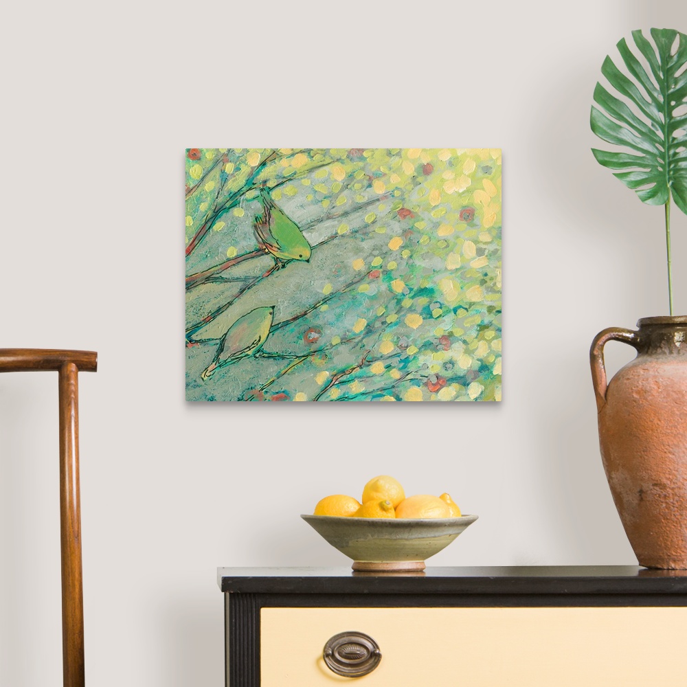 A traditional room featuring Pastel colored abstract painting of birds on branches with tree leaves hanging above.