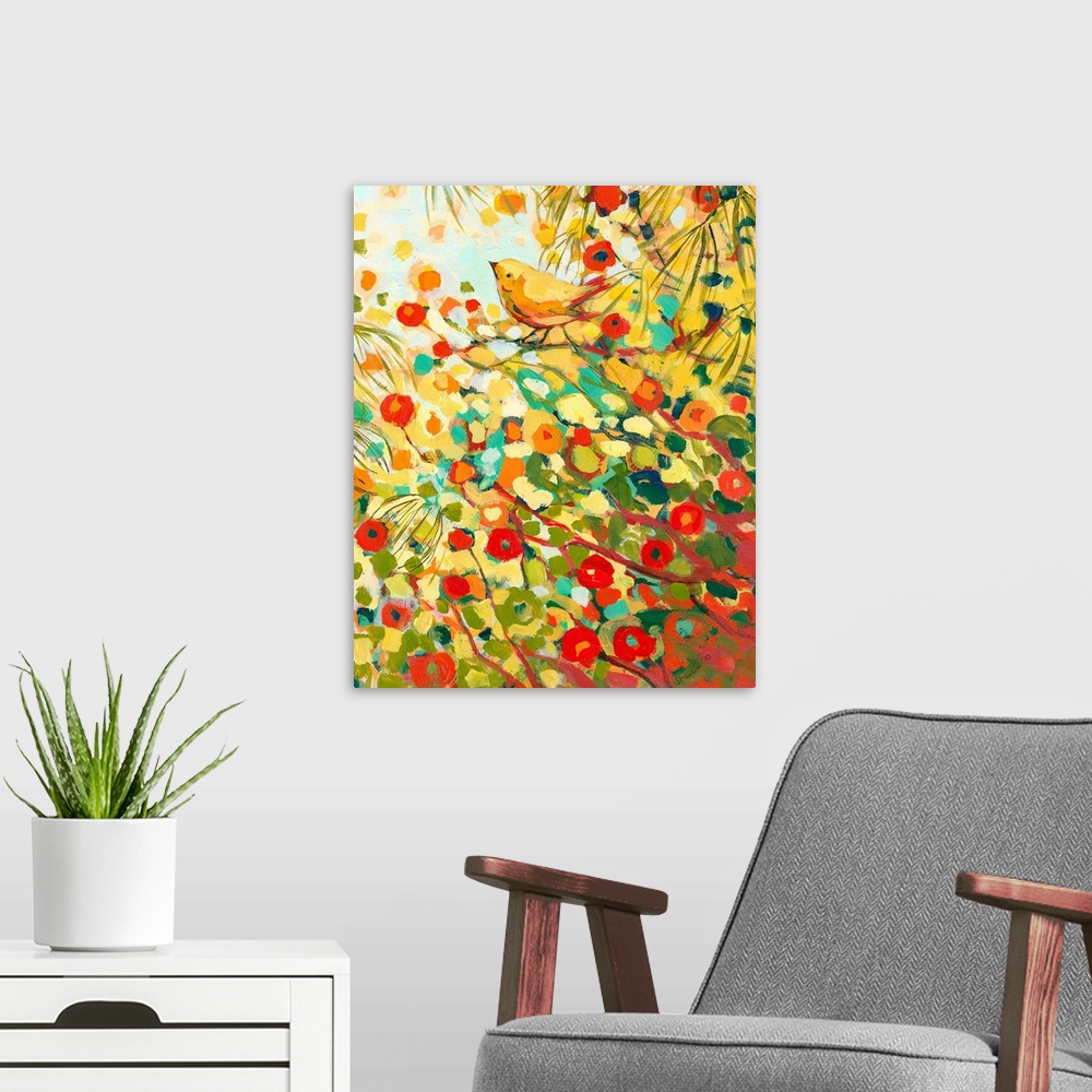 A modern room featuring This contemporary painting is a colorful blast of abstract and organic dabs of paint create a sce...