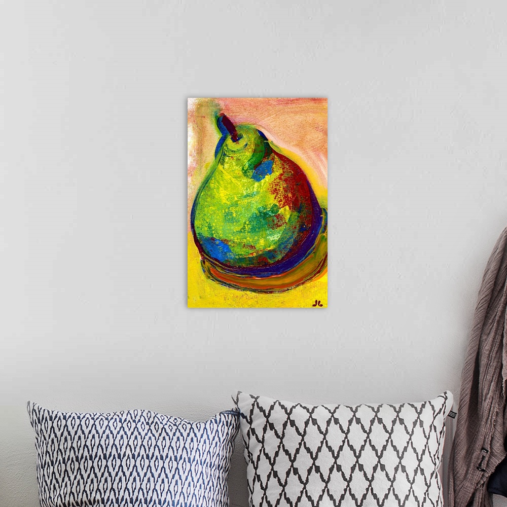 A bohemian room featuring A piece of contemporary artwork of a drawn pear that uses various colors for shading and shadowing.