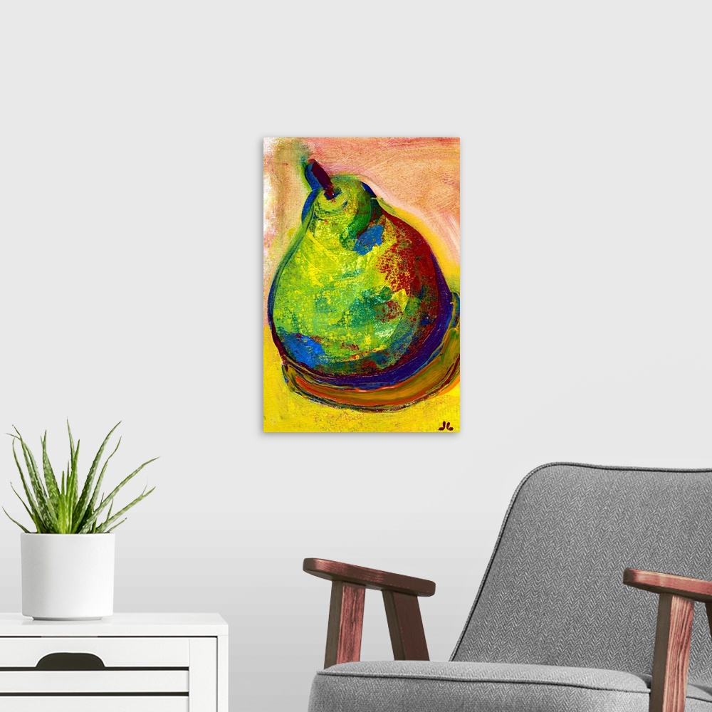 A modern room featuring A piece of contemporary artwork of a drawn pear that uses various colors for shading and shadowing.
