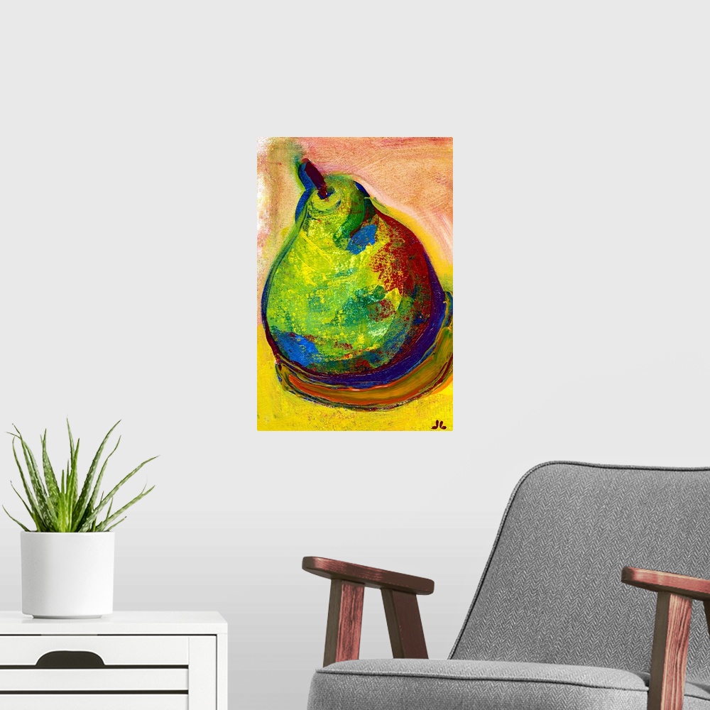 A modern room featuring A piece of contemporary artwork of a drawn pear that uses various colors for shading and shadowing.