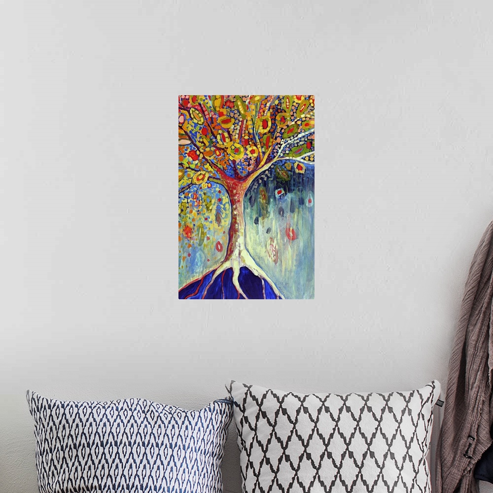 A bohemian room featuring Abstract painted canvas of a tree with long roots and different shaped leaves.