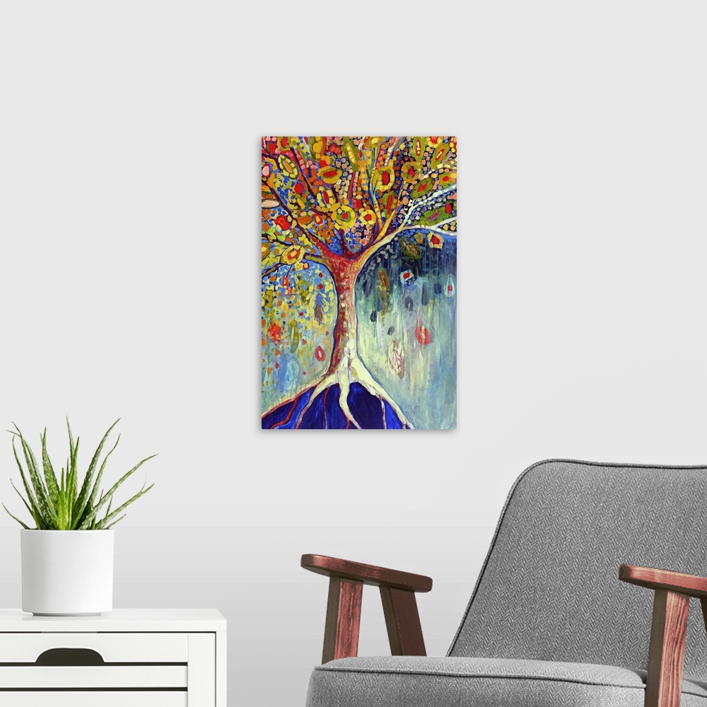 A modern room featuring Abstract painted canvas of a tree with long roots and different shaped leaves.