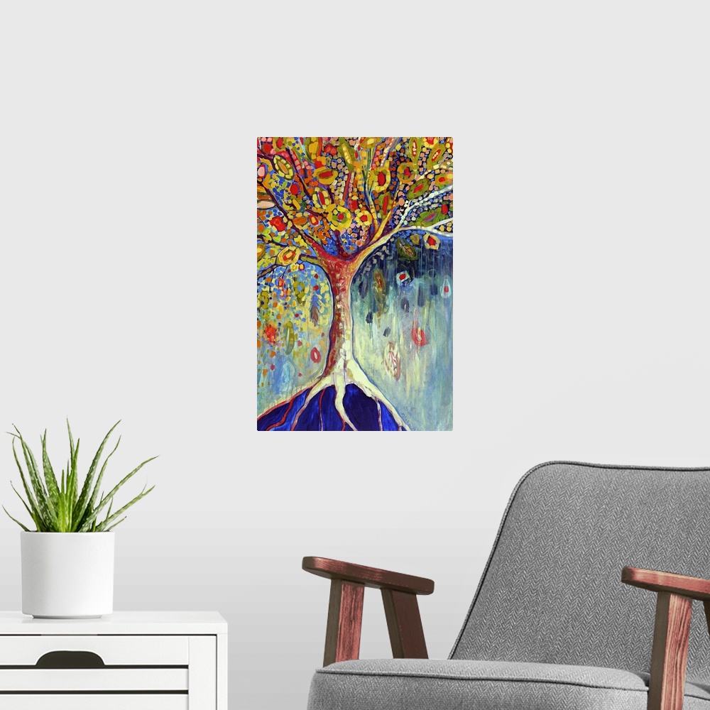 A modern room featuring Abstract painted canvas of a tree with long roots and different shaped leaves.