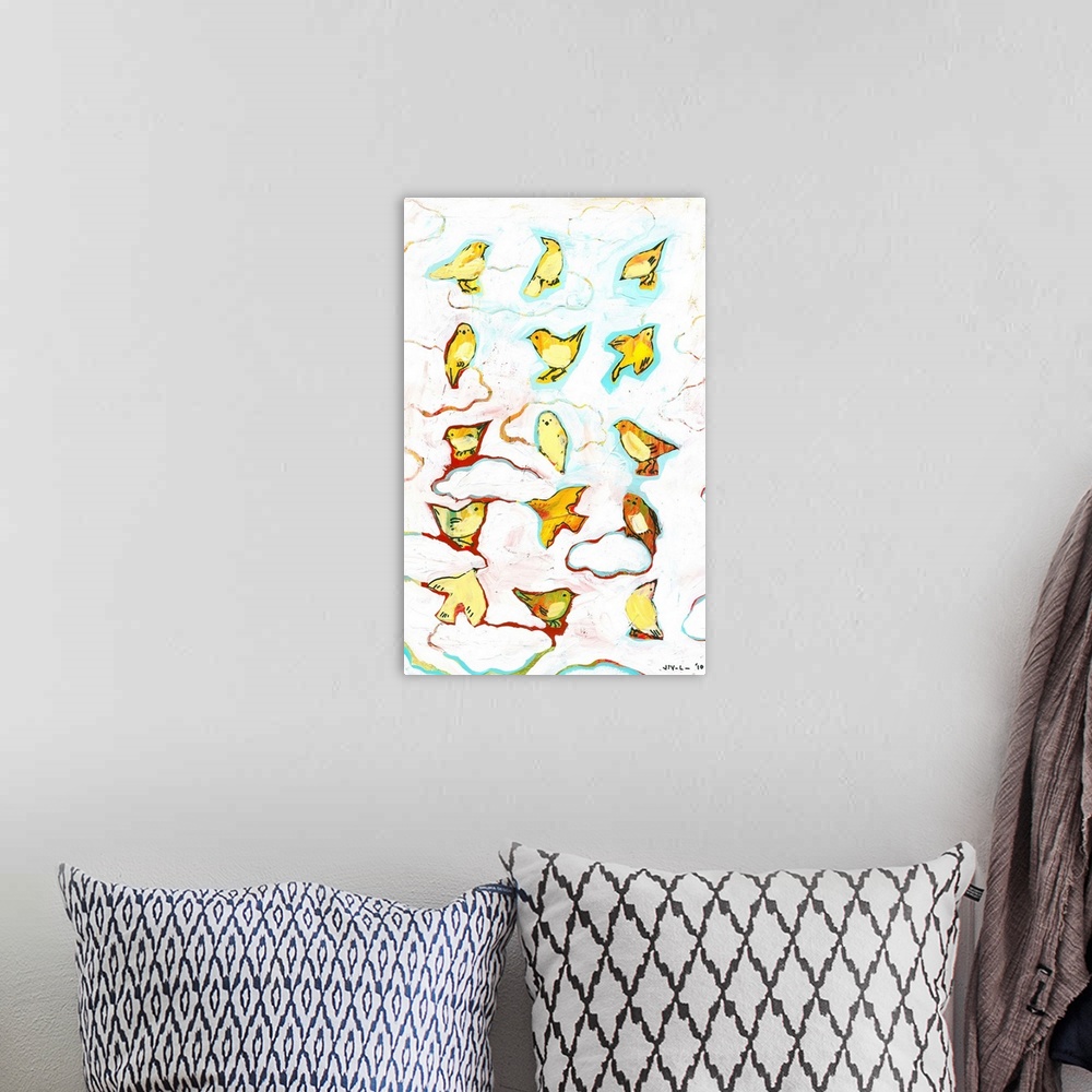 A bohemian room featuring Bright and colorful contemporary painting of birds perched in clouds.