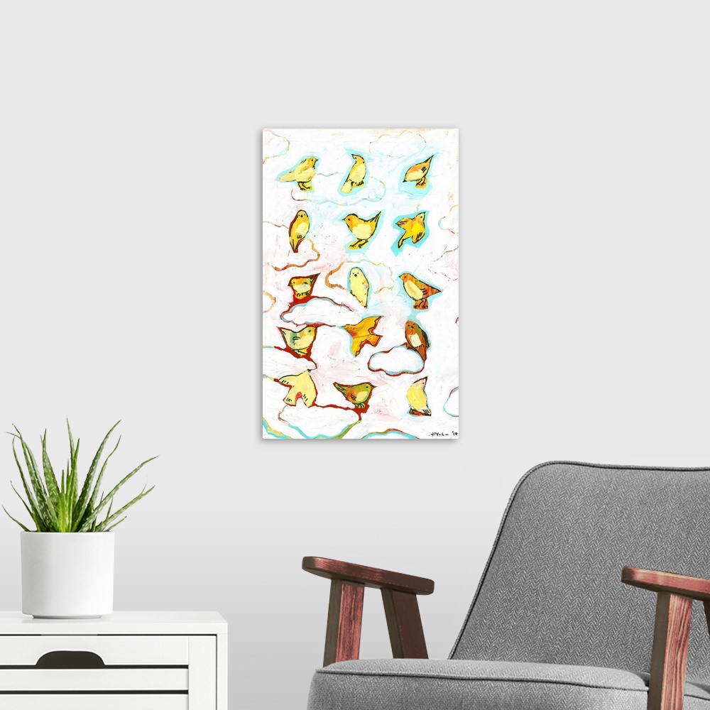 A modern room featuring Bright and colorful contemporary painting of birds perched in clouds.