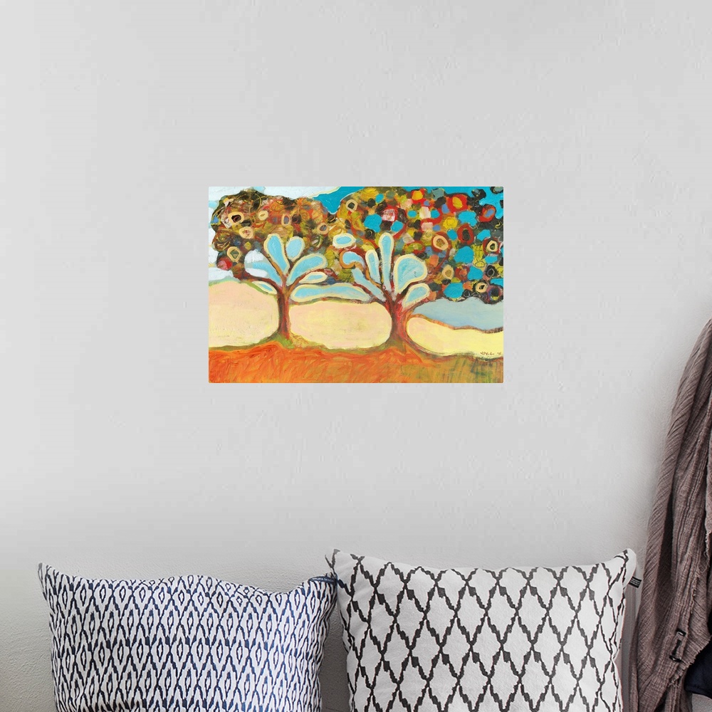 A bohemian room featuring Large, horizontal, contemporary painting of two colorful trees with branches that appear to have ...