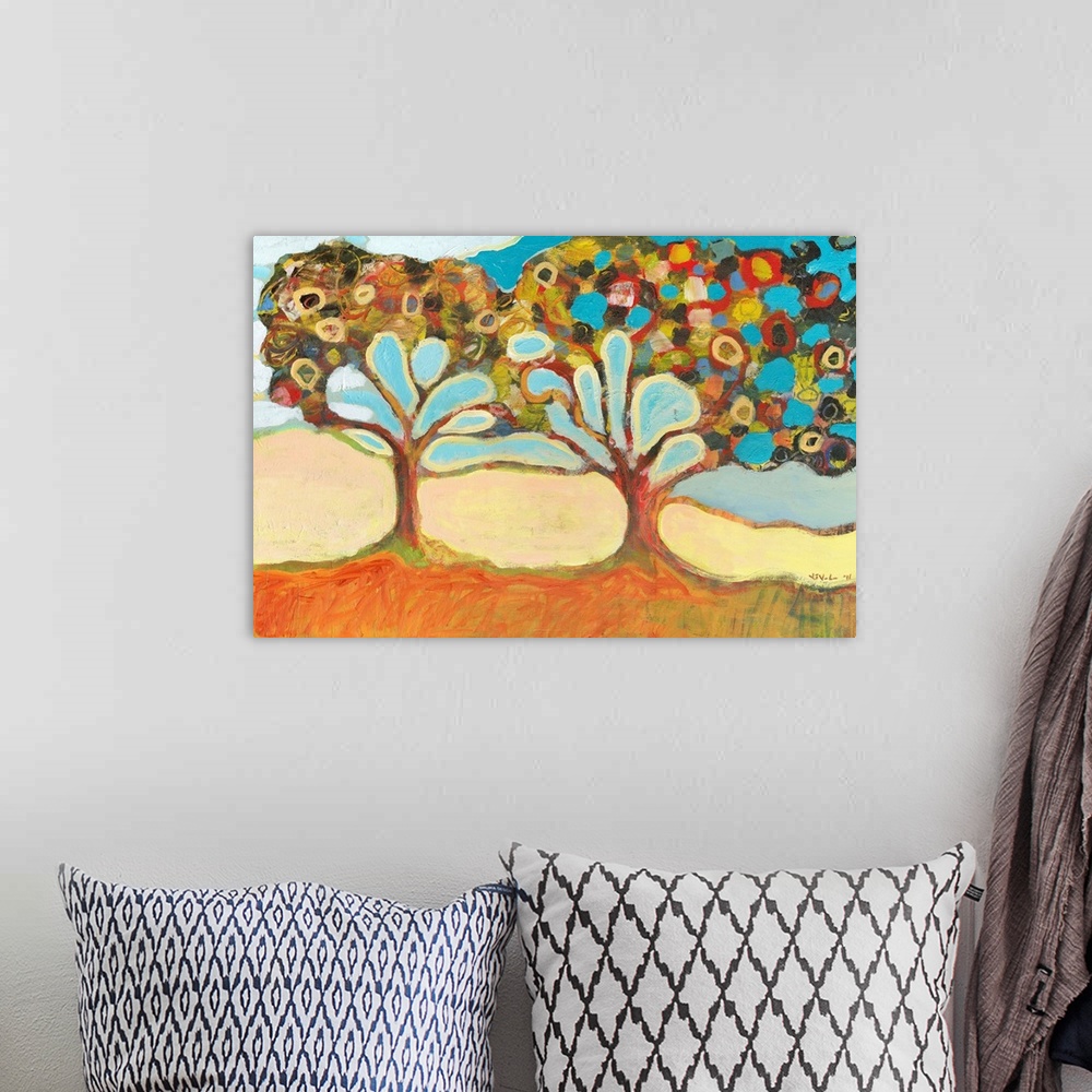 A bohemian room featuring Large, horizontal, contemporary painting of two colorful trees with branches that appear to have ...