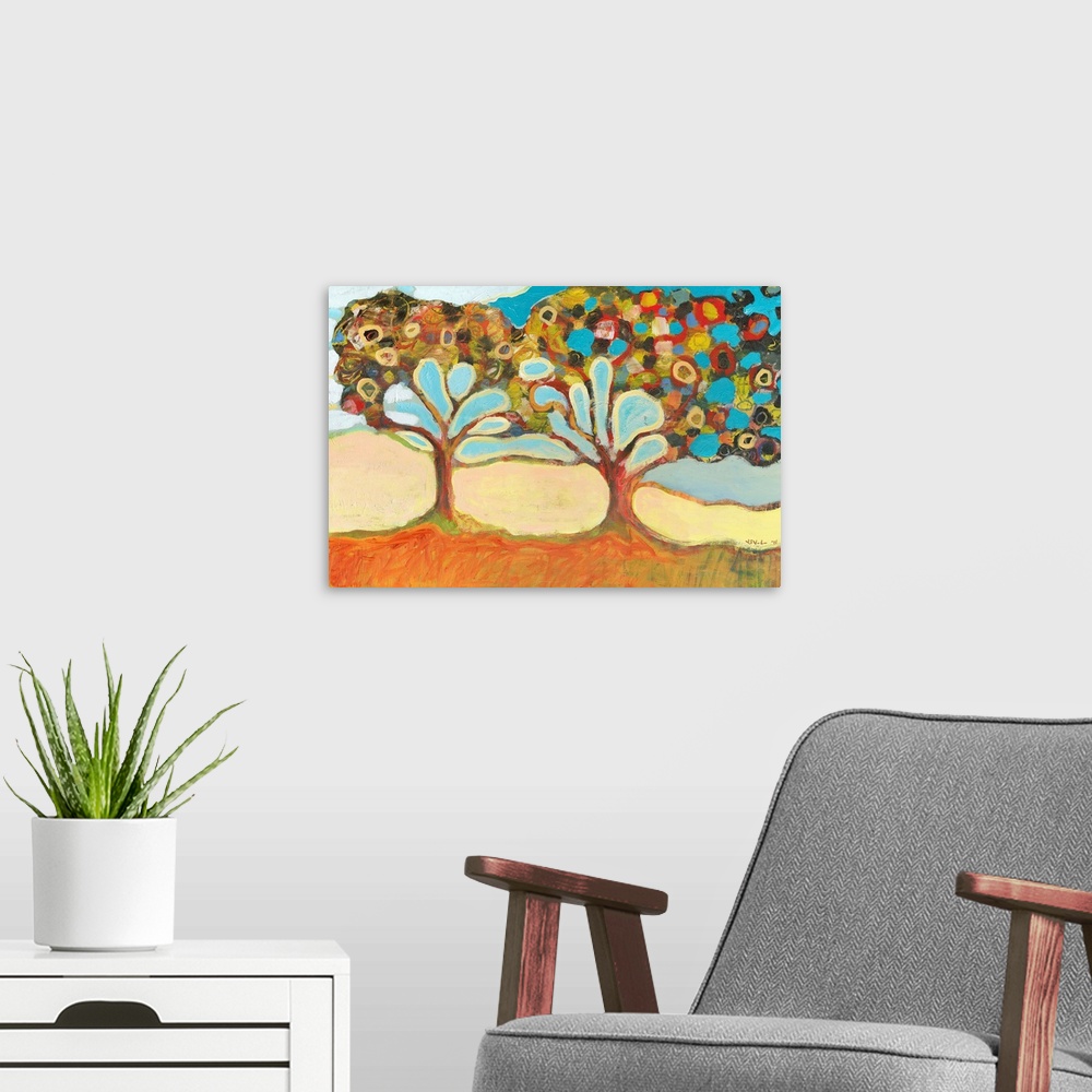 A modern room featuring Large, horizontal, contemporary painting of two colorful trees with branches that appear to have ...