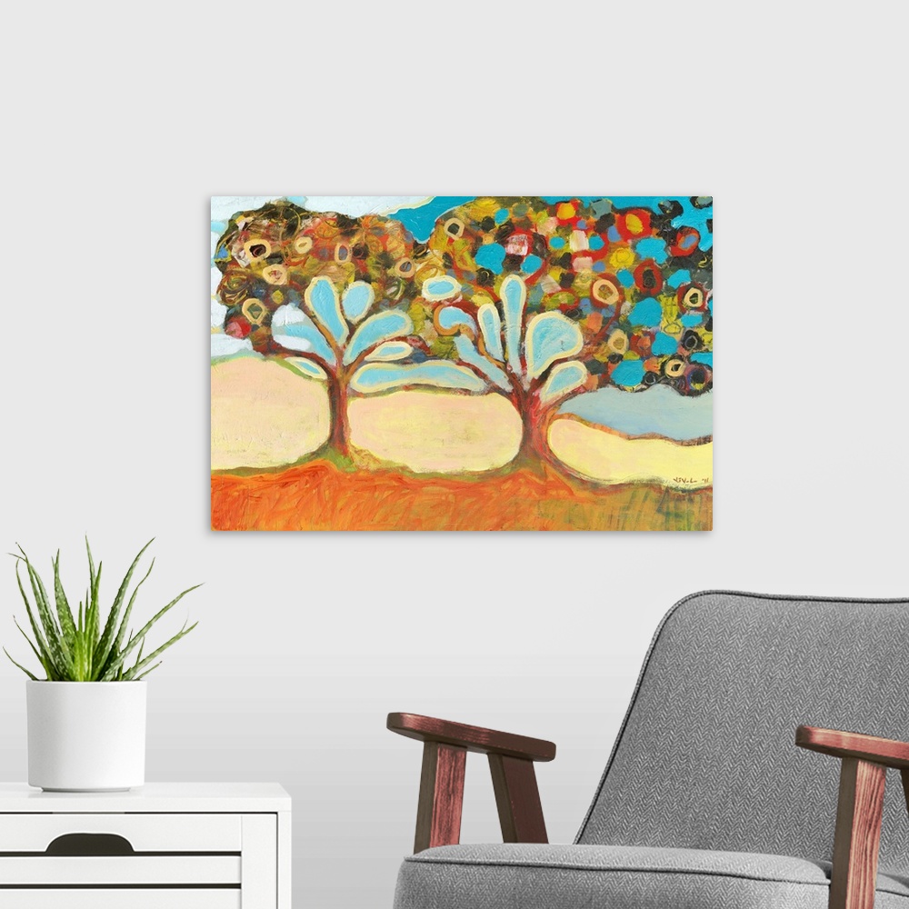 A modern room featuring Large, horizontal, contemporary painting of two colorful trees with branches that appear to have ...