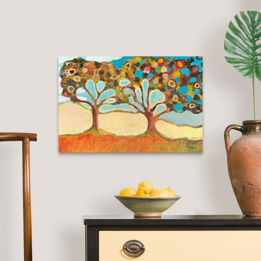 A traditional room featuring Large, horizontal, contemporary painting of two colorful trees with branches that appear to have ...