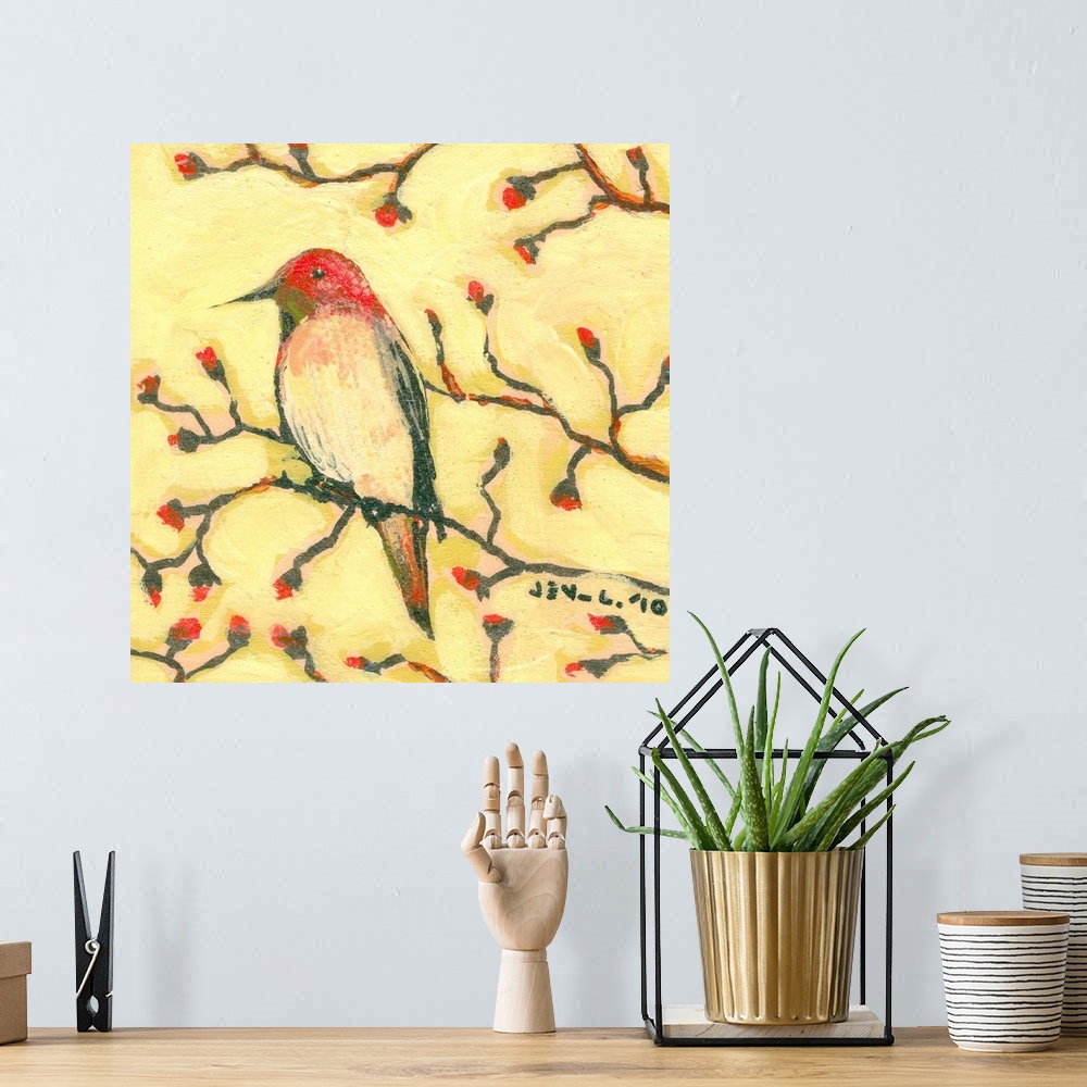 A bohemian room featuring Contemporary painting of bird sitting on and surrounded by branches filled with flower buds.